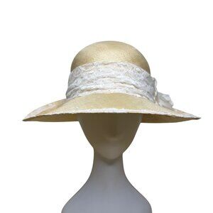 TinaLuxe Womens Beige Lace Wide Brim Cloche Hat White Lace Band Flower Accent OS